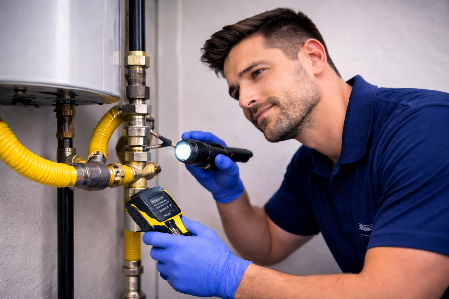 Technician in blue gloves inspecting a water heater pipe with a flashlight and tool in a utility room
