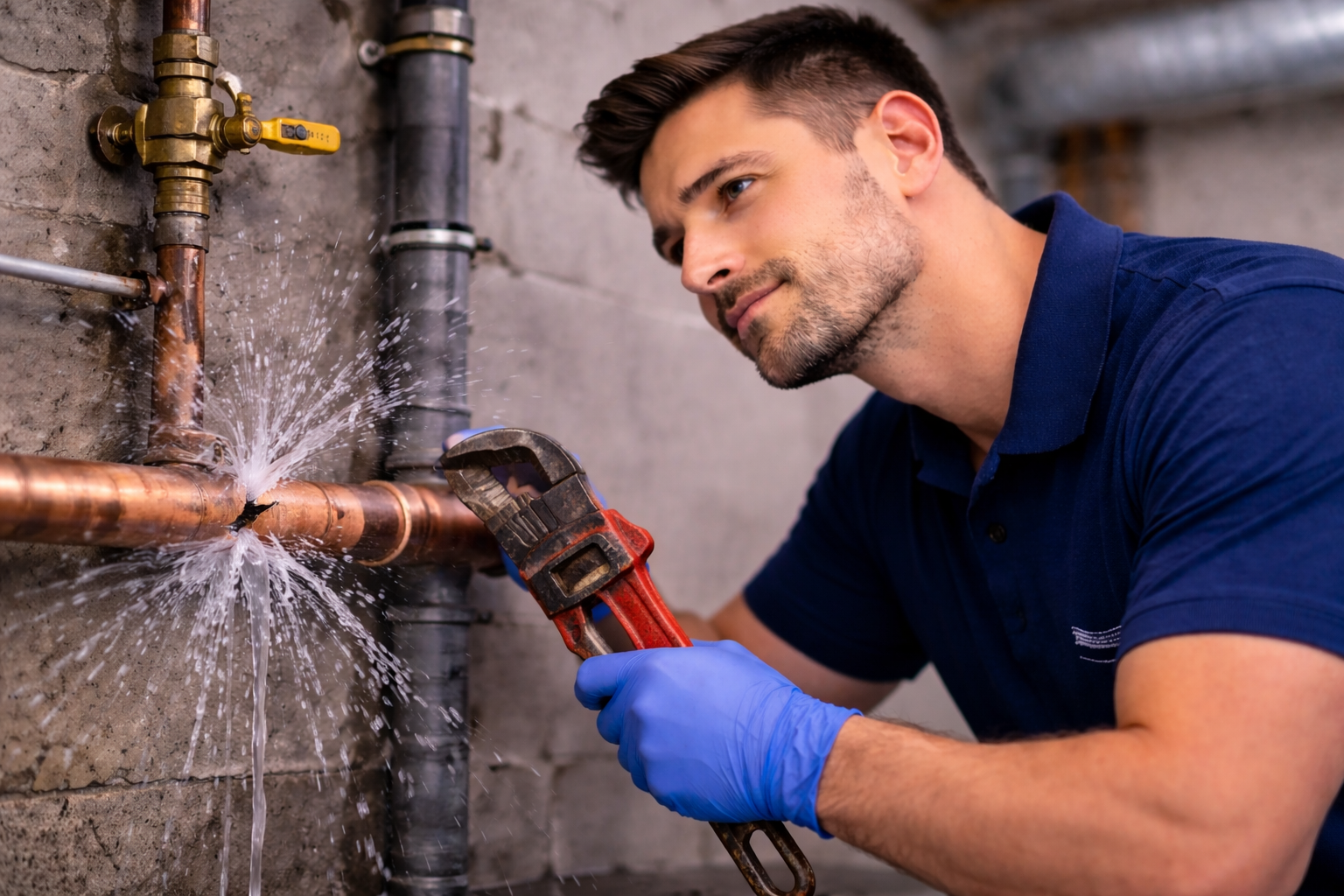 Plumber in blue gloves repairing a leaking copper pipe with a wrench in a basement