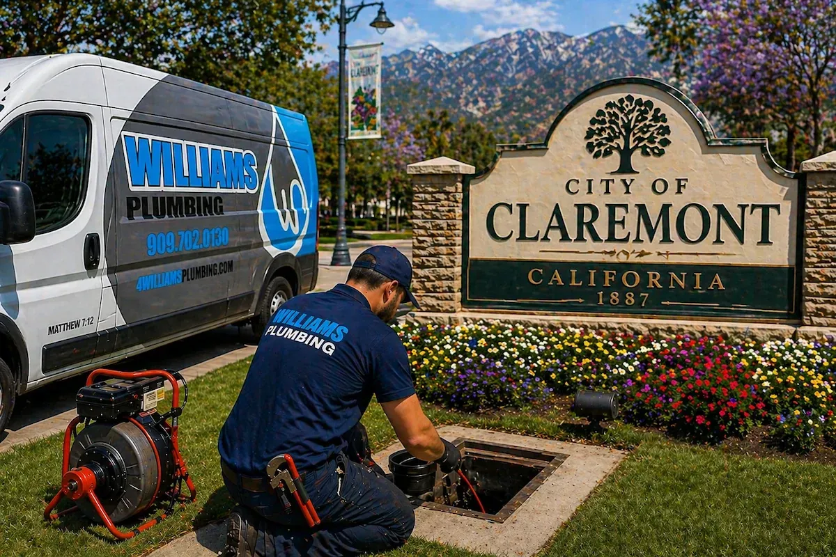 Plumber servicing a drain in Claremont, CA near the city sign with Williams Plumbing van nearby