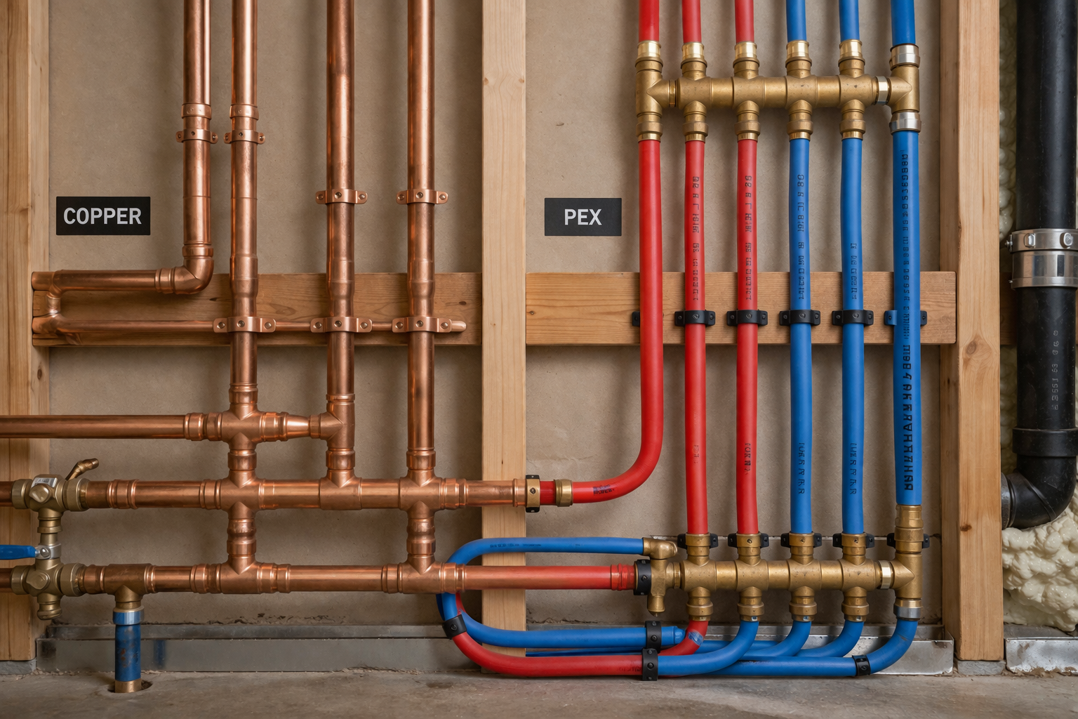 Copper and PEX plumbing pipes and manifolds mounted on a basement wall