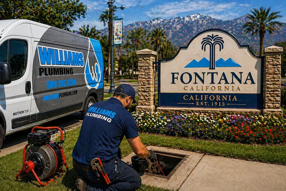 Williams Plumbing technician working on a drain in Fontana, CA with service van and city sign in the background