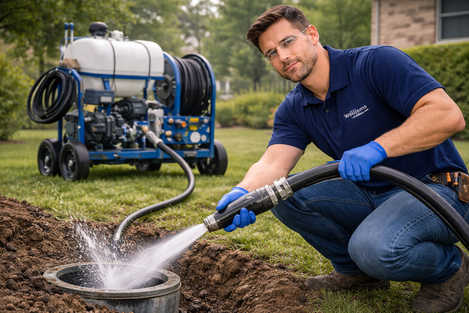 A professional in a blue uniform and gloves uses a high-pressure hose to spray water into an open underground pipe.