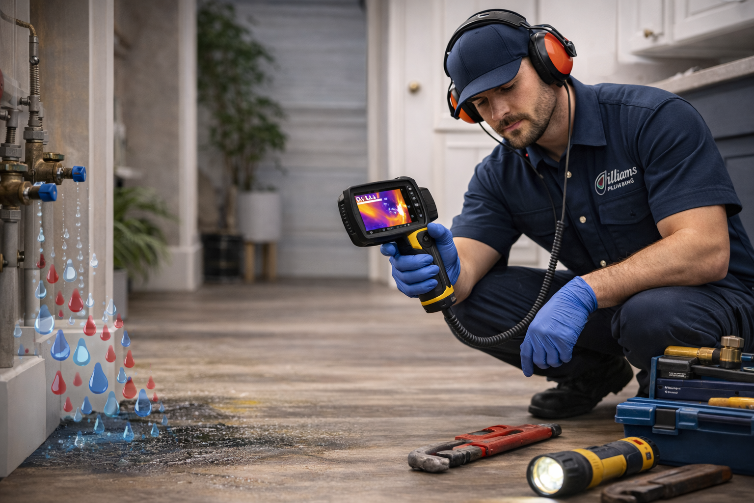 Williams Plumbing technician using thermal imaging to locate hidden pipe leaks behind walls in Rancho Cucamonga CA