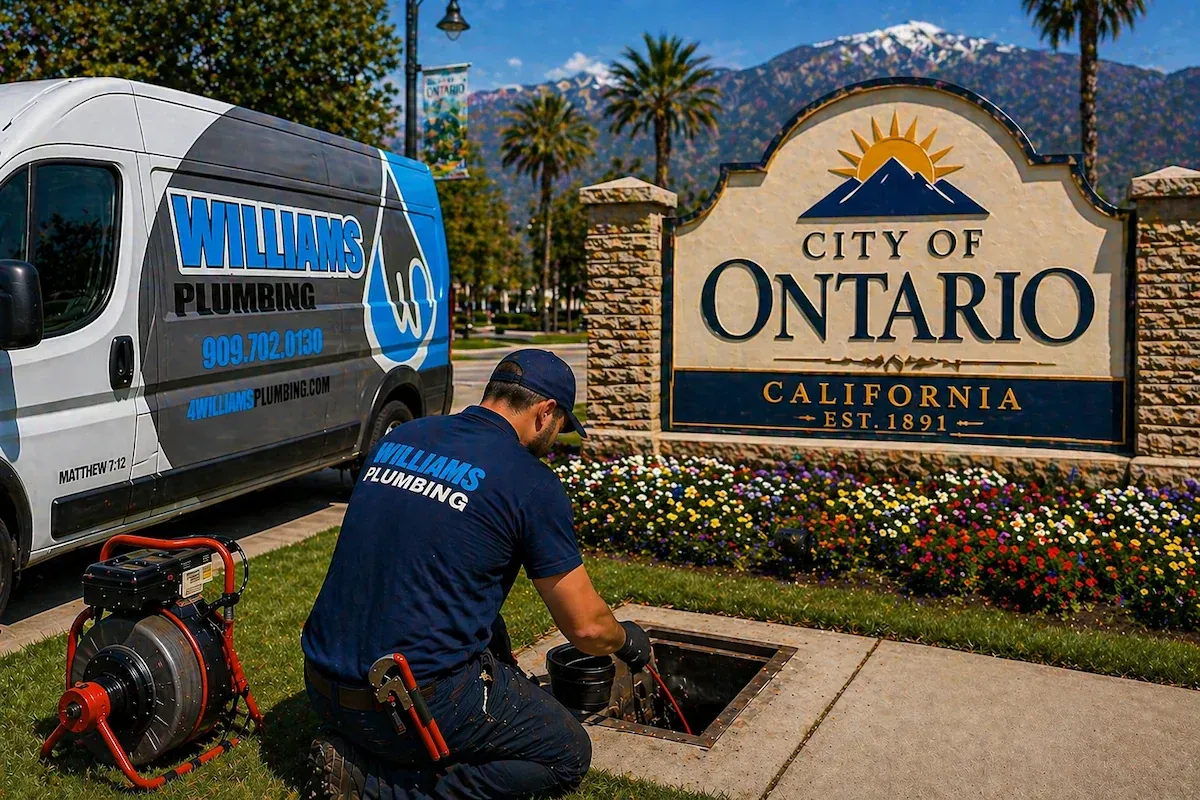 Plumber from Williams Plumbing performing drain service in Ontario, CA with city sign and service van visible