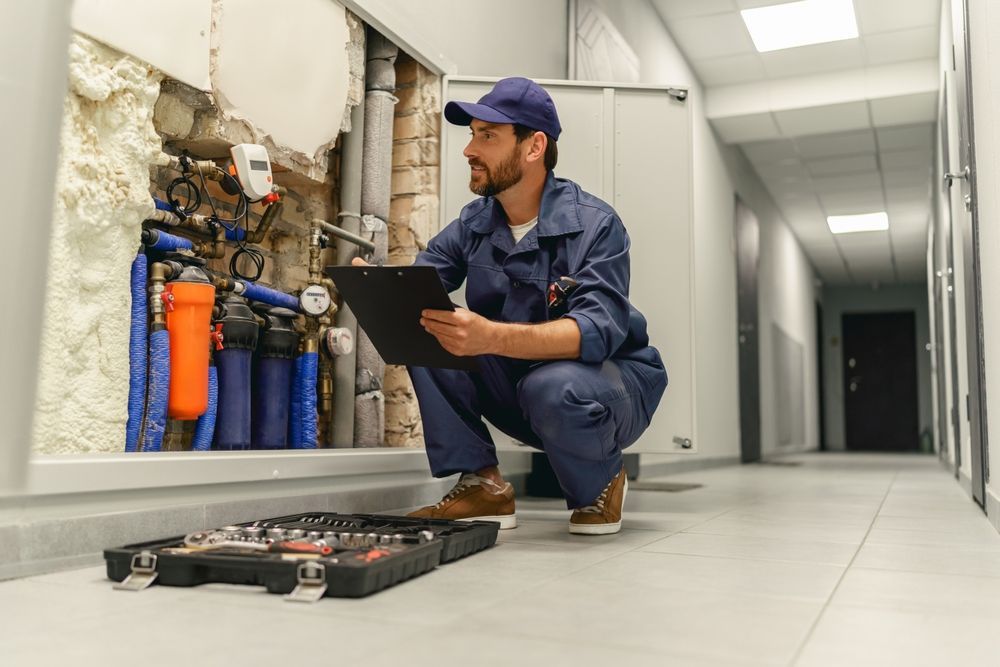 A service technician in a blue uniform kneels in a hallway, checking a clipboard while inspecting exposed utility pipes.