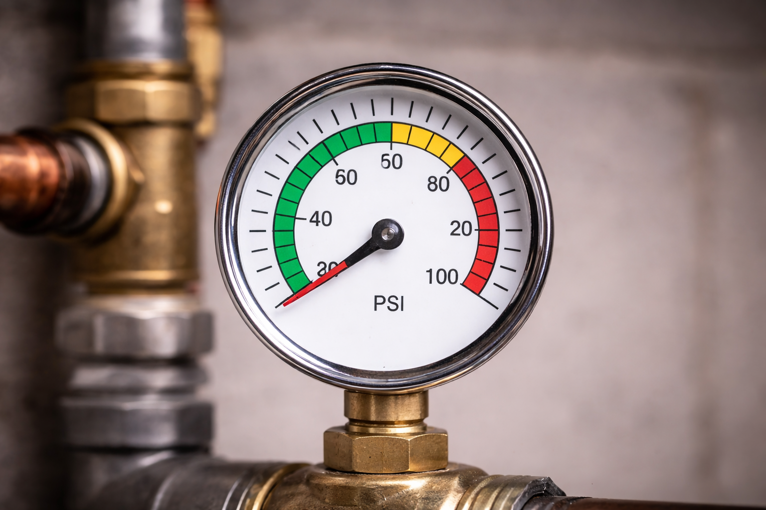 Pressure gauge showing PSI with green, yellow, and red zones on industrial piping