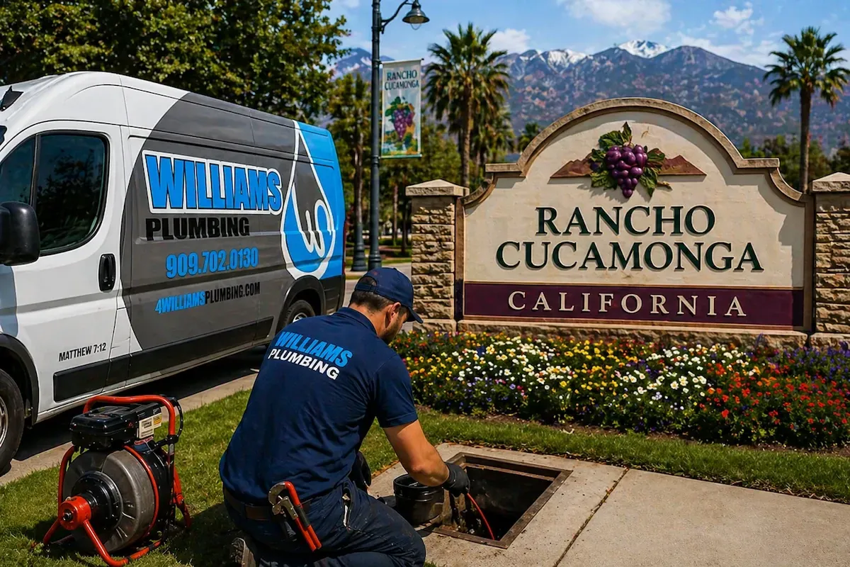 Plumber from Williams Plumbing working on a drain in Rancho Cucamonga, CA near the city sign with service van in background
