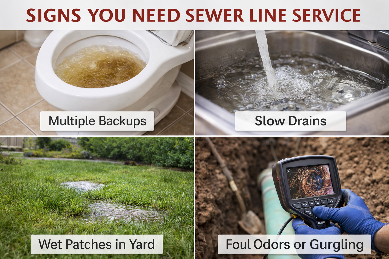 A grid showing signs of sewer line issues: toilet backup, slow sink drain, wet patches in grass, and pipe inspection.