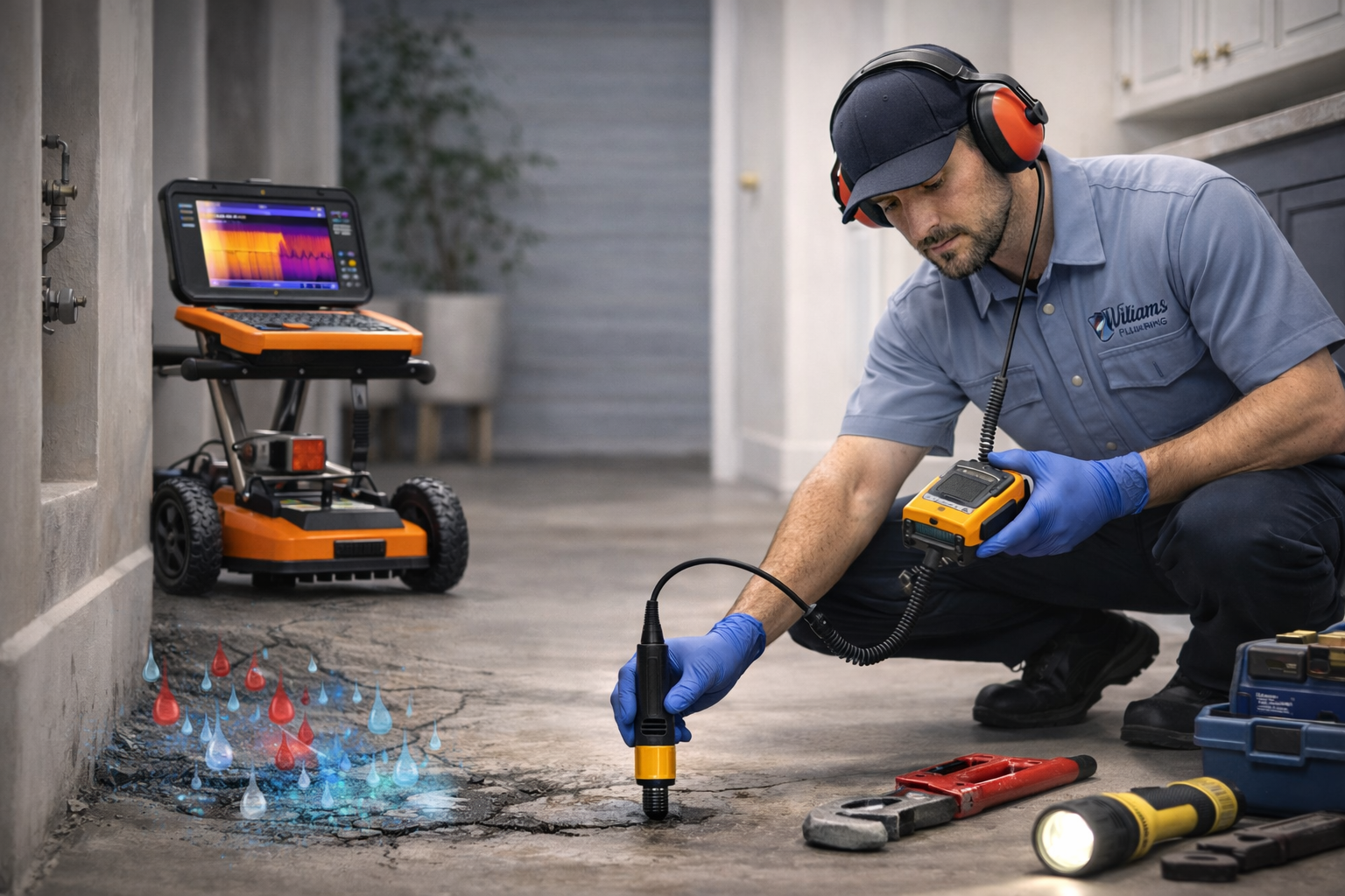 Professional plumber using advanced leak detection equipment to locate underground slab leak in Rancho Cucamonga CA