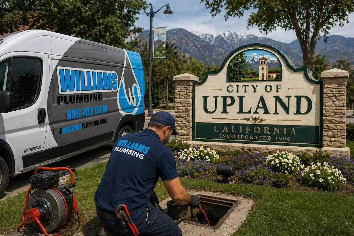 “Plumber from Williams Plumbing working on a drain in Upland, CA near the city welcome sign with service van in background”