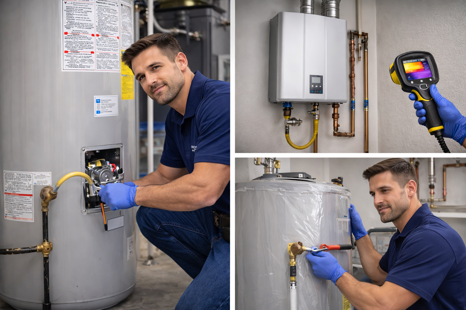 Technician inspecting gas water heater and tank with a thermal camera, checking connections and fittings