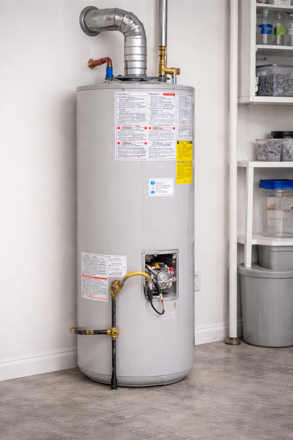 Water heater in a utility room with metal vent pipe and exposed plumbing.