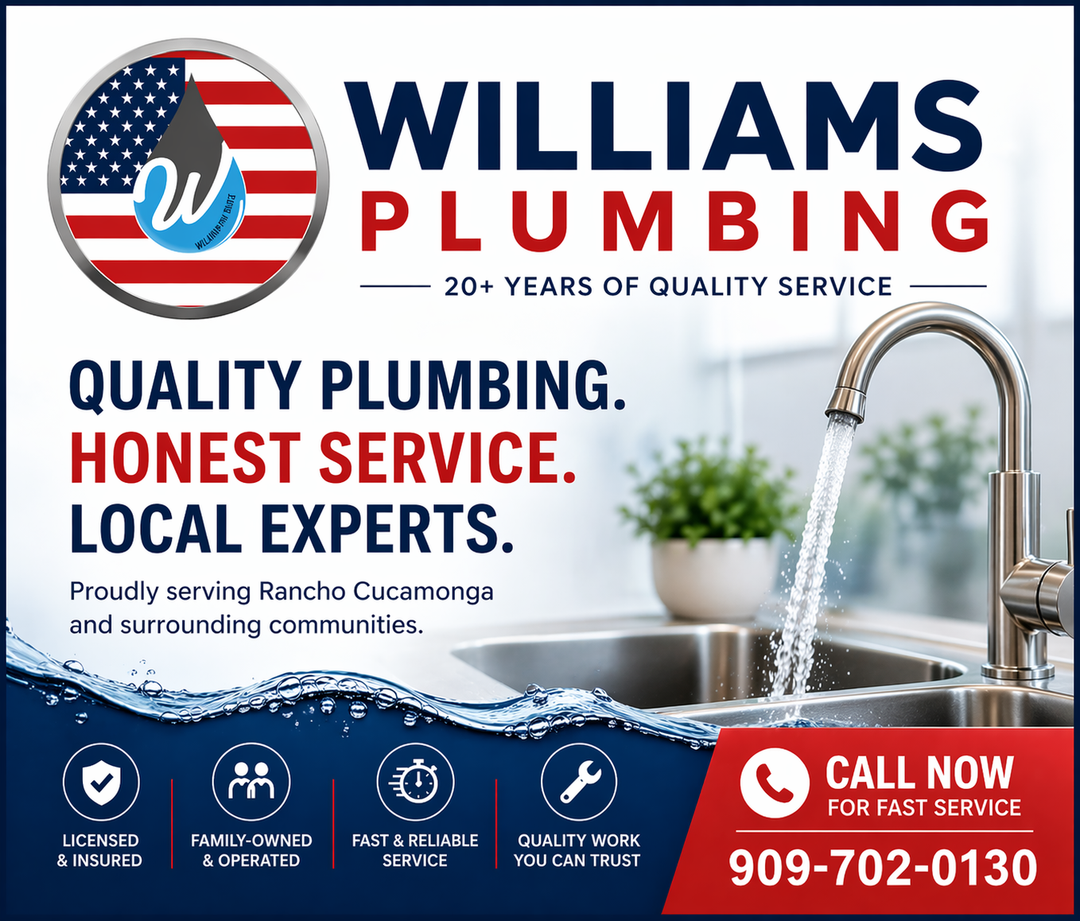 Williams Plumbing ad with sink, faucet, and red “Call Now” box showing 909-702-0130