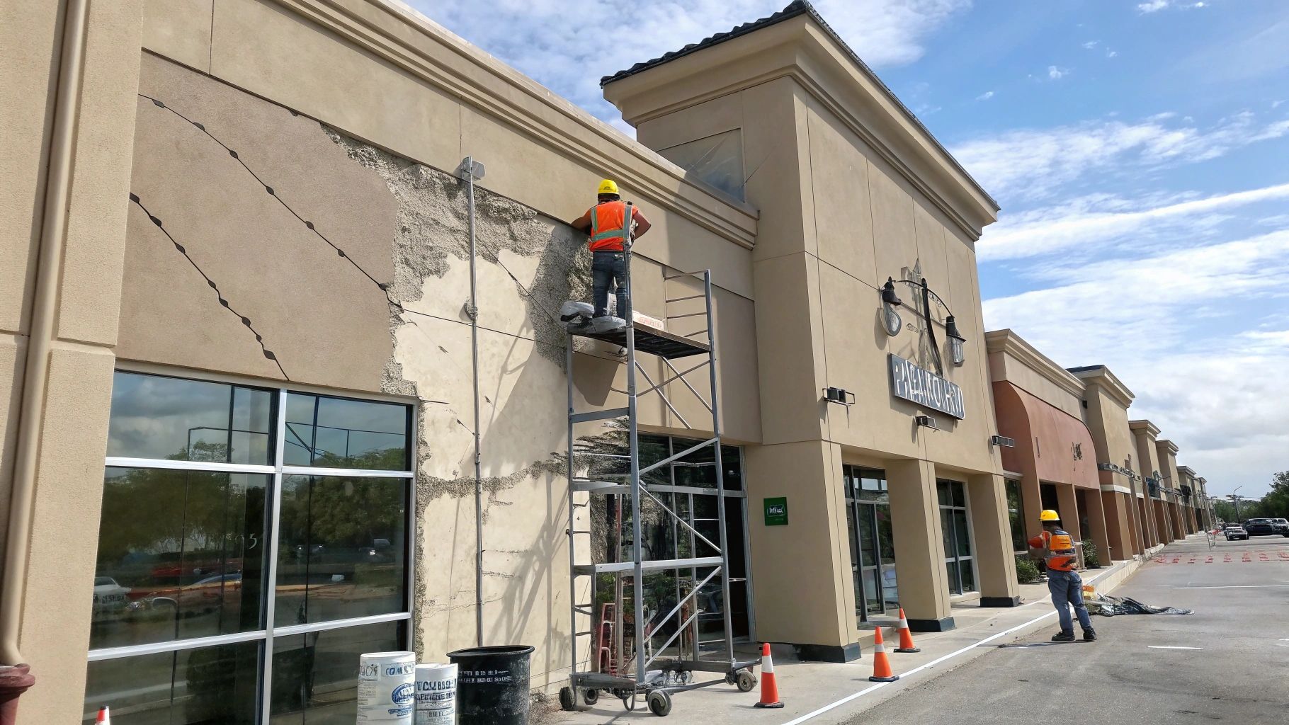 Construction workers repairing stucco on a retail building exterior, using scaffolding.