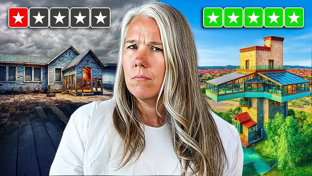 Woman with gray hair compares a run-down house (1 star) to a modern, colorful building (5 stars).
