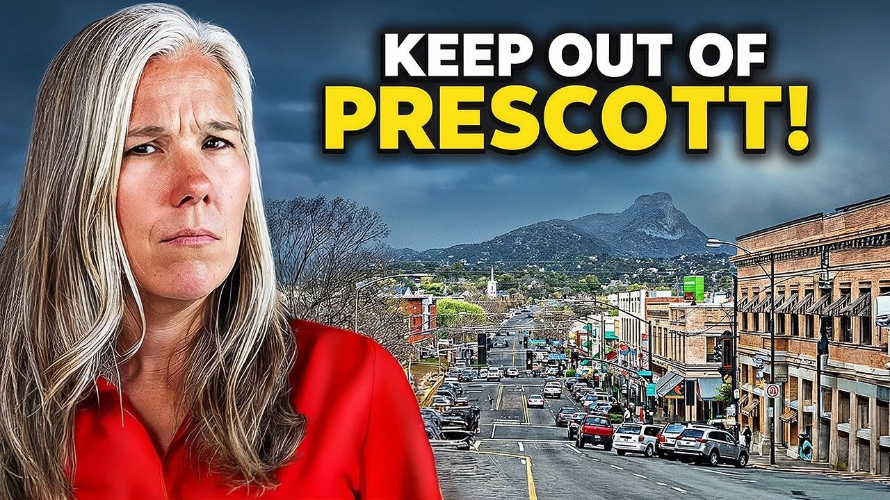 Woman with gray braids, stern expression, in front of Prescott, Arizona street scene with text