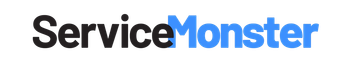 A blue and white service monster logo on a white background