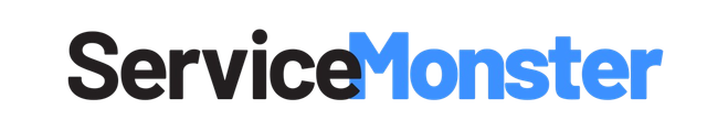 A blue and white service monster logo on a white background