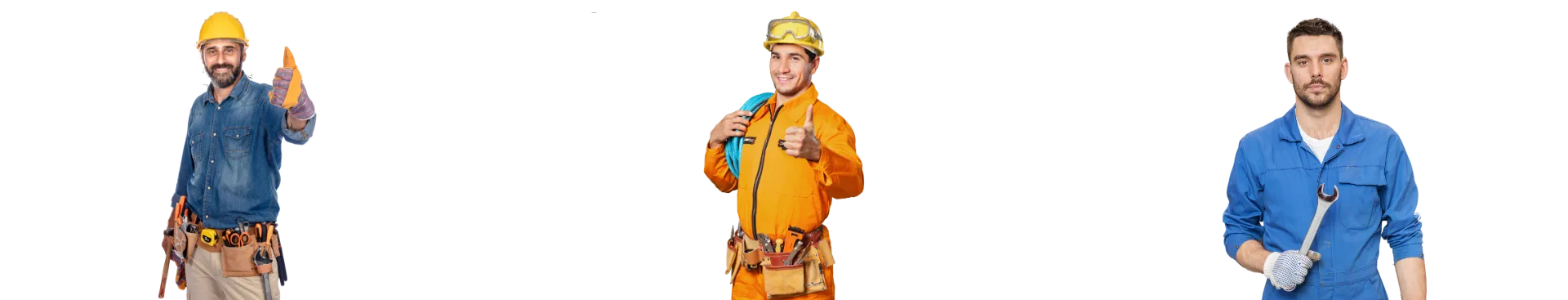 Three construction workers are standing next to each other on a white background.