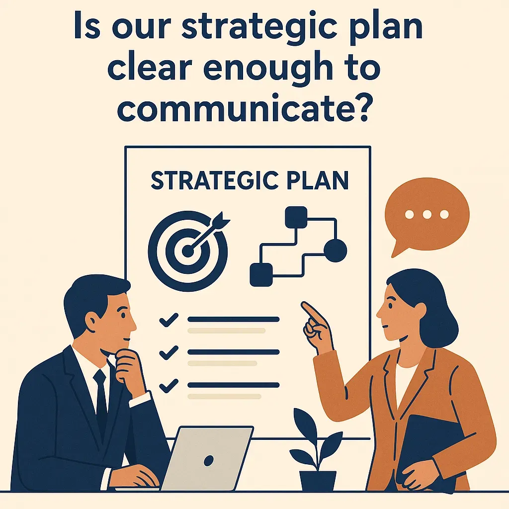 Two people reviewing a strategic plan on a whiteboard. One points, the other ponders. Text above reads,