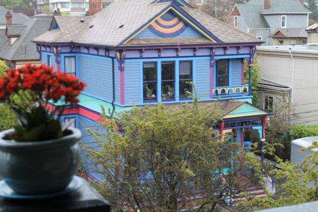A blue house with red flowers in front of it