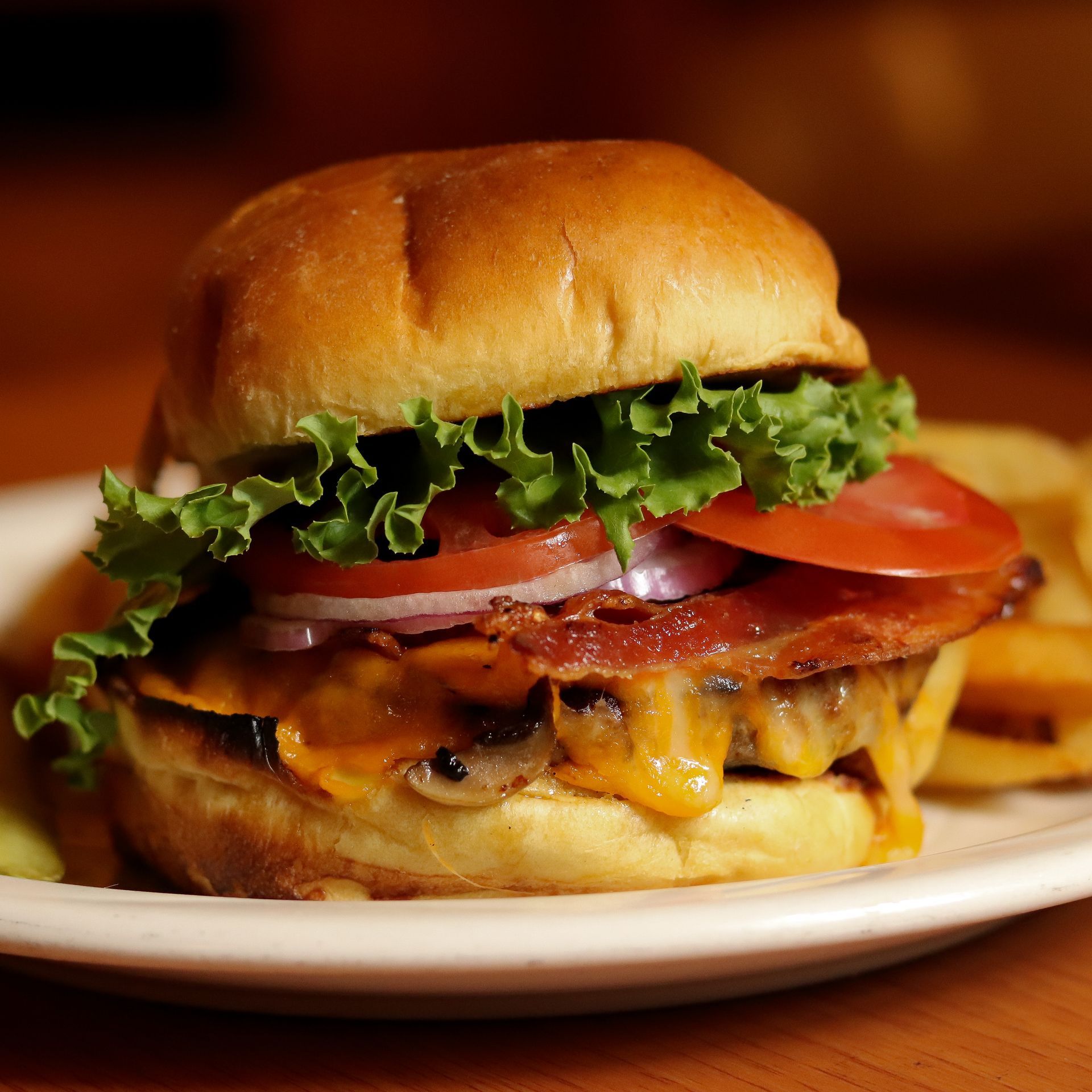 A close up of a hamburger on a plate with french fries