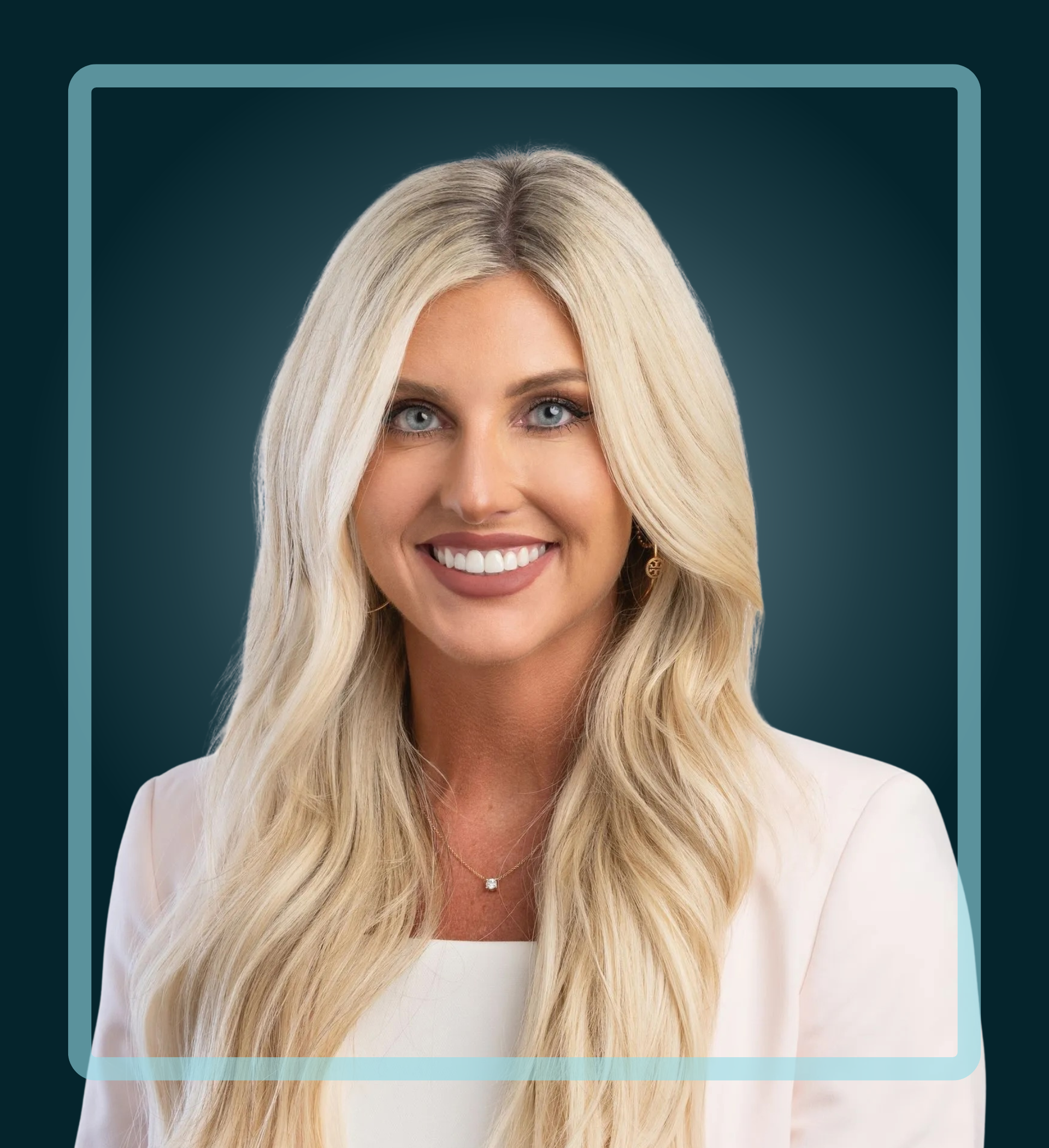 Blonde woman smiling, wearing a blazer, within a teal and black background.