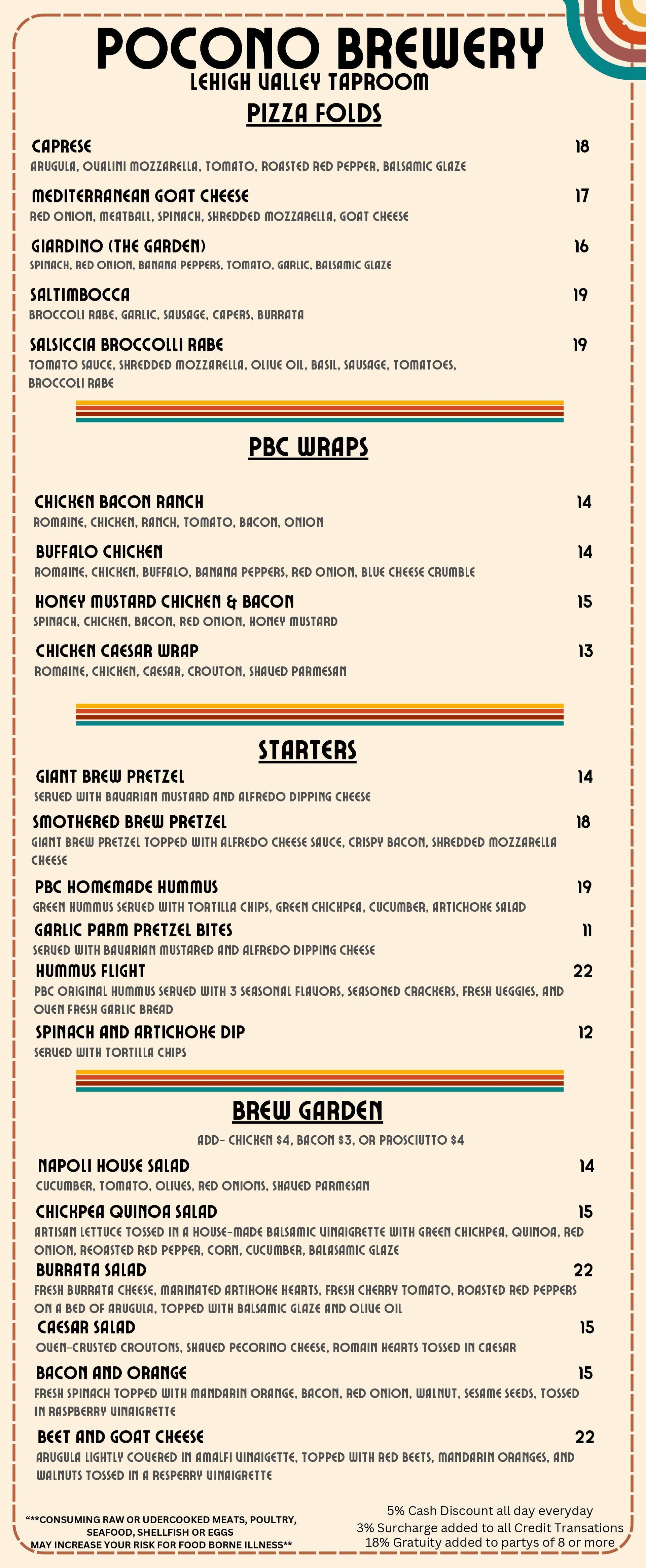 A menu for a restaurant called pocono brewery