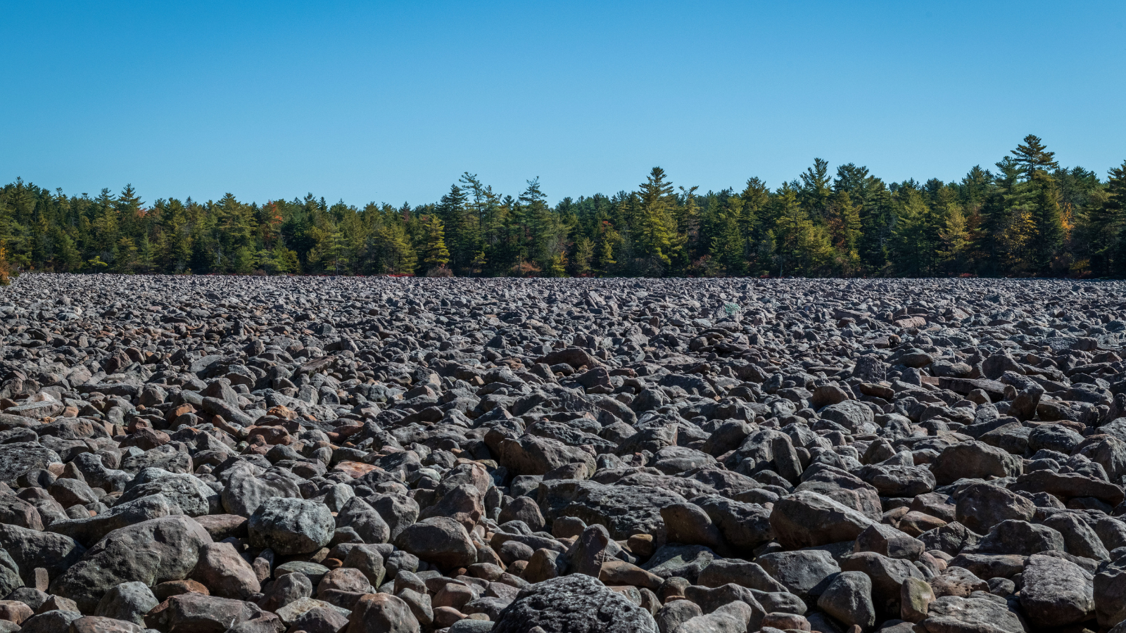 A large pile of rocks in a field with trees in the background.