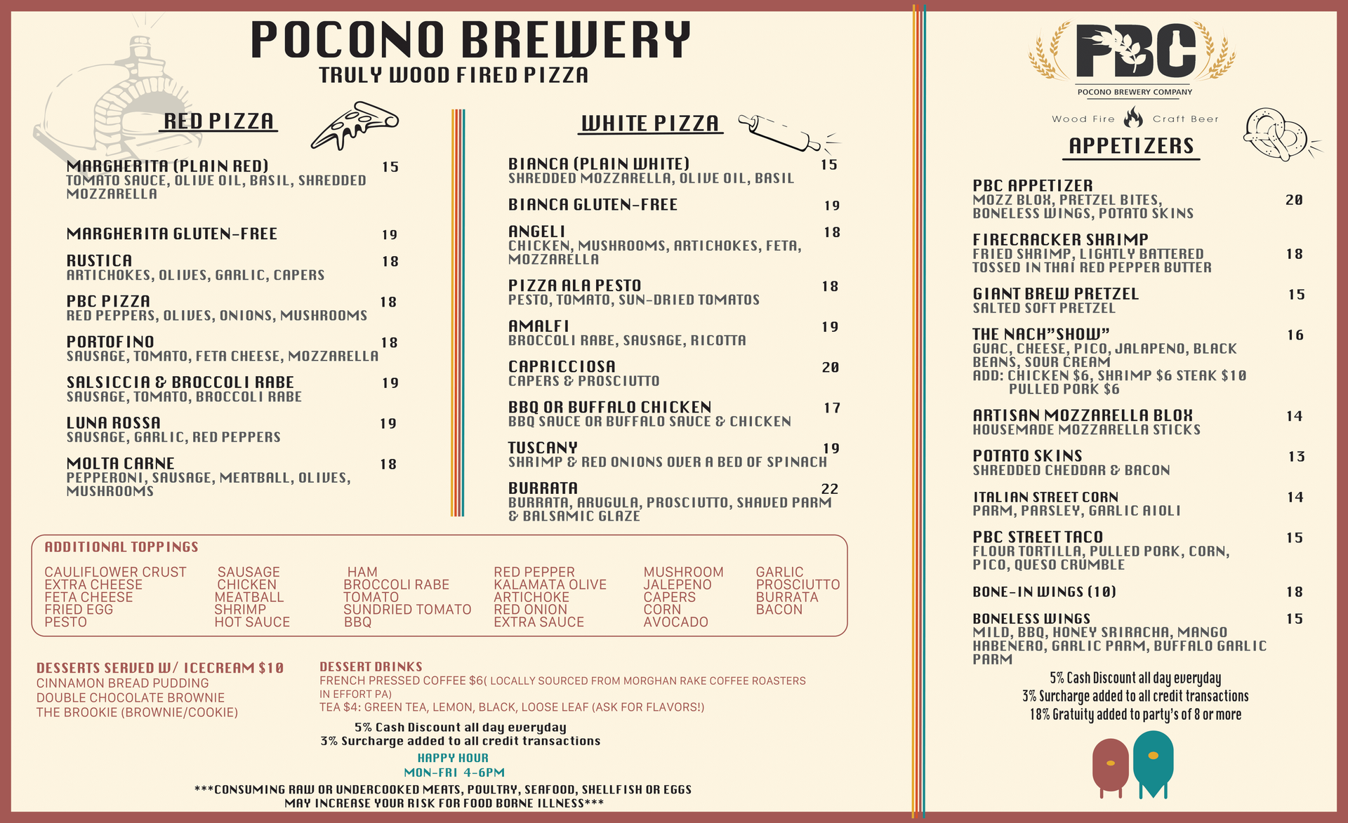 Pocono Brewery Company, menu