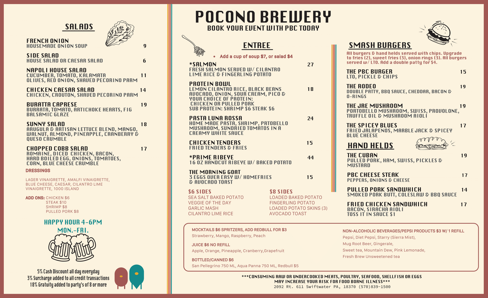 Pocono Brewery Company, menu