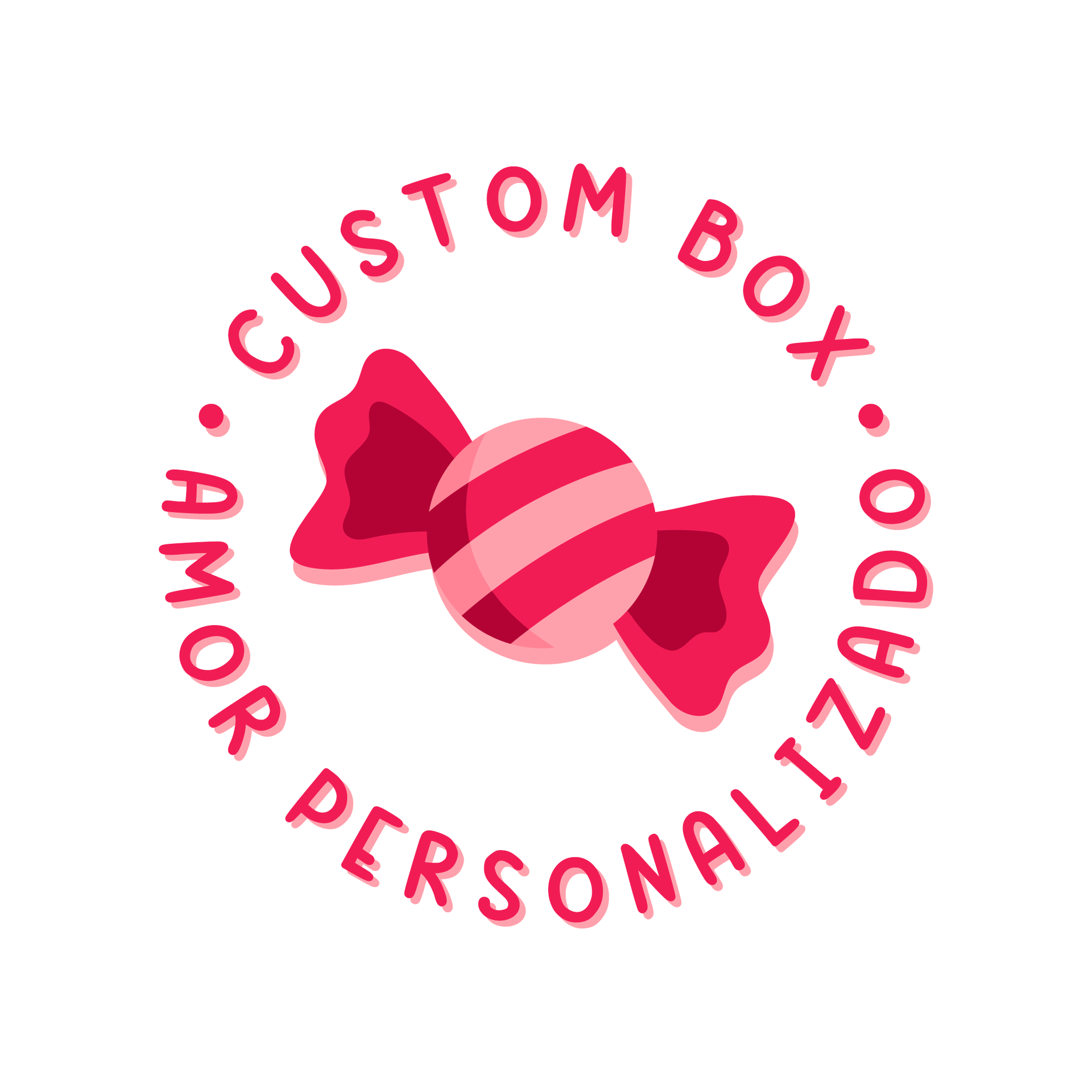 Un logotipo para una caja personalizada con un caramelo en el centro.