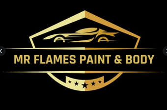 The logo for mr flames paint and body is orange and black.