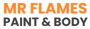 The logo for mr flames paint and body is orange and black.