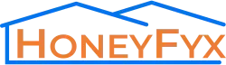 Hexagon logo with mountains, trees, and campfire in orange and blue. Company name is white.