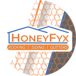 HoneyFyx logo: house outline over text, "HONEYFYX Roofing | Siding | Gutters," with honeycomb pattern in orange and gray.