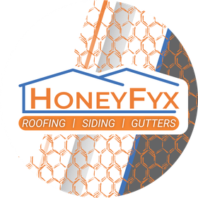 HoneyFyx logo: house outline over text, "HONEYFYX Roofing | Siding | Gutters," with honeycomb pattern in orange and gray.