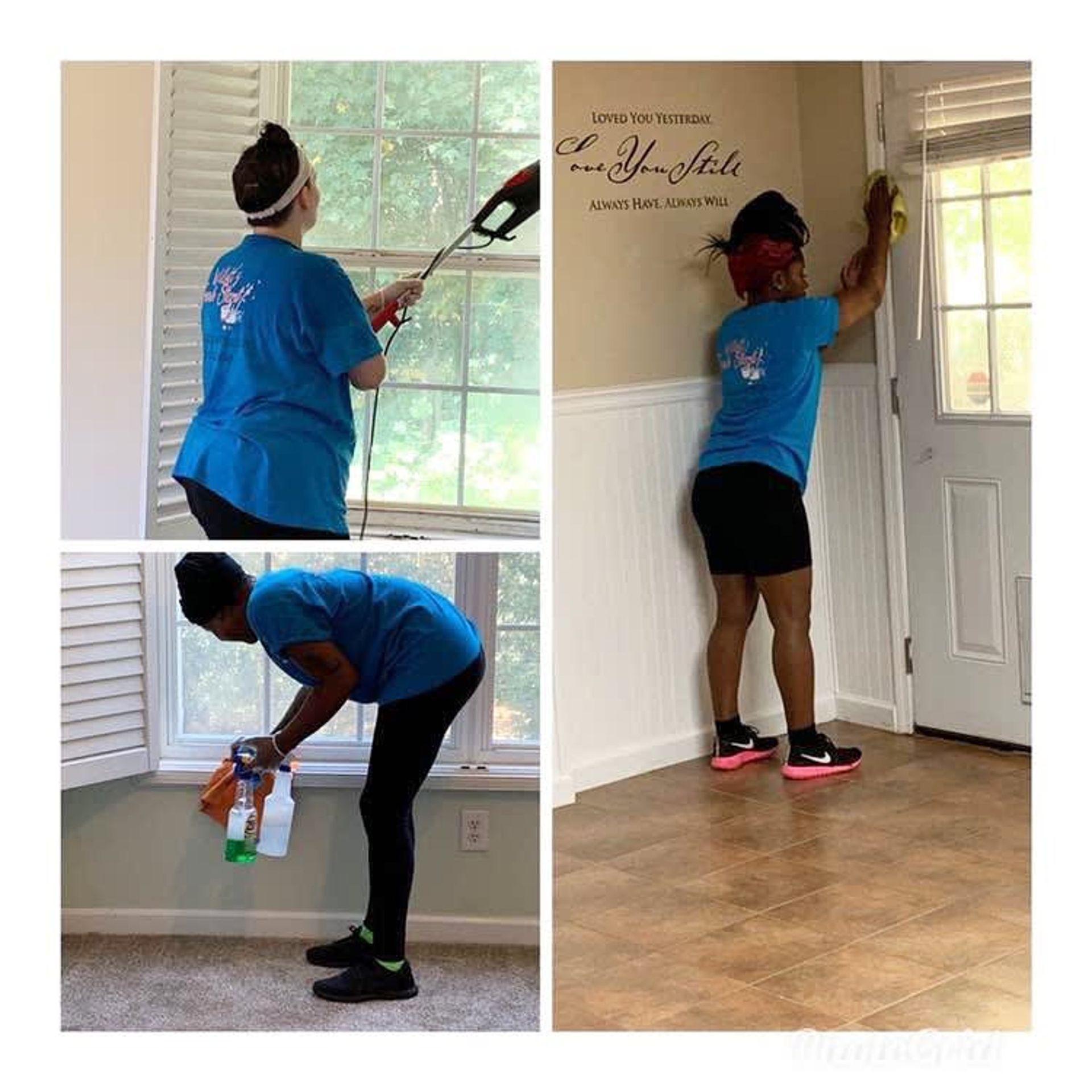 A woman is cleaning a window and a door in a house.