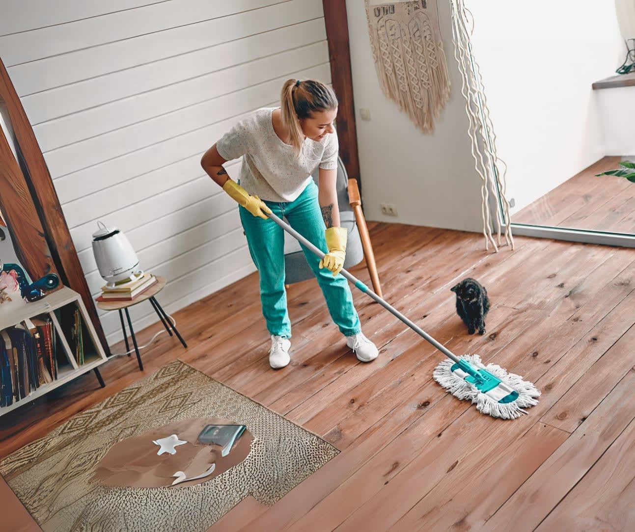 A woman is cleaning a wooden floor with a mop.