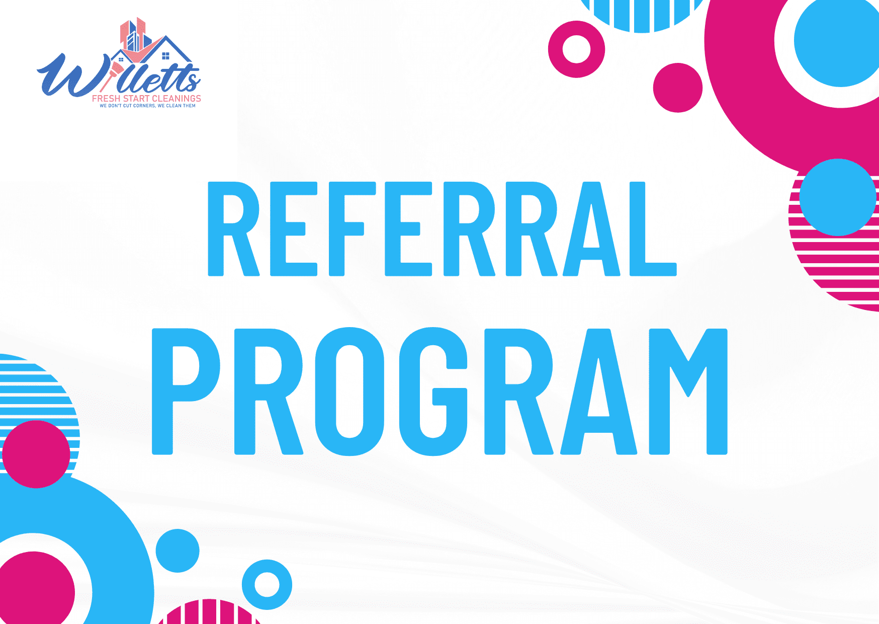 A blue and pink sign that says referral program