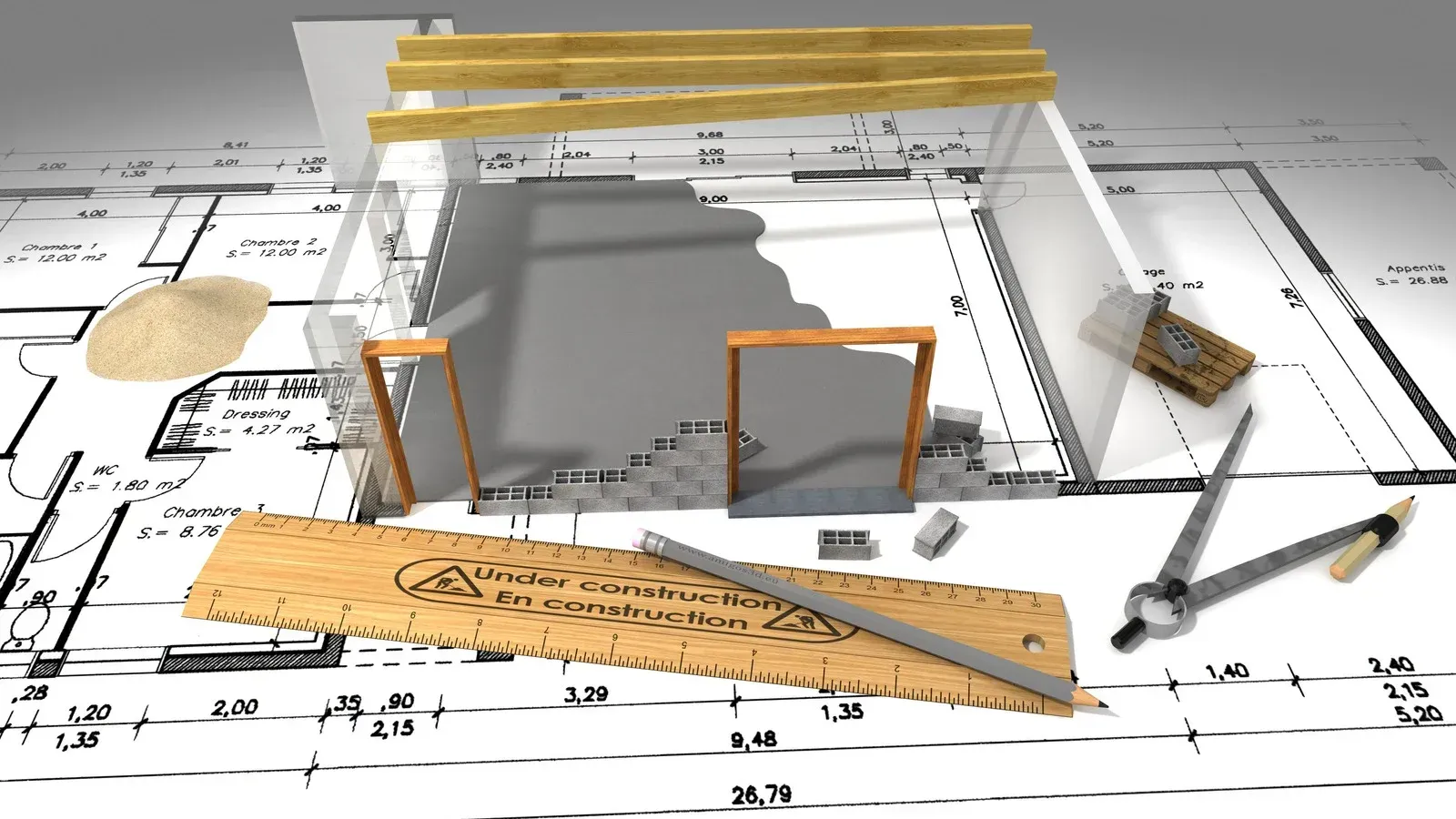 Architectural blueprints with a partially constructed house model, drafting tools, and materials.
