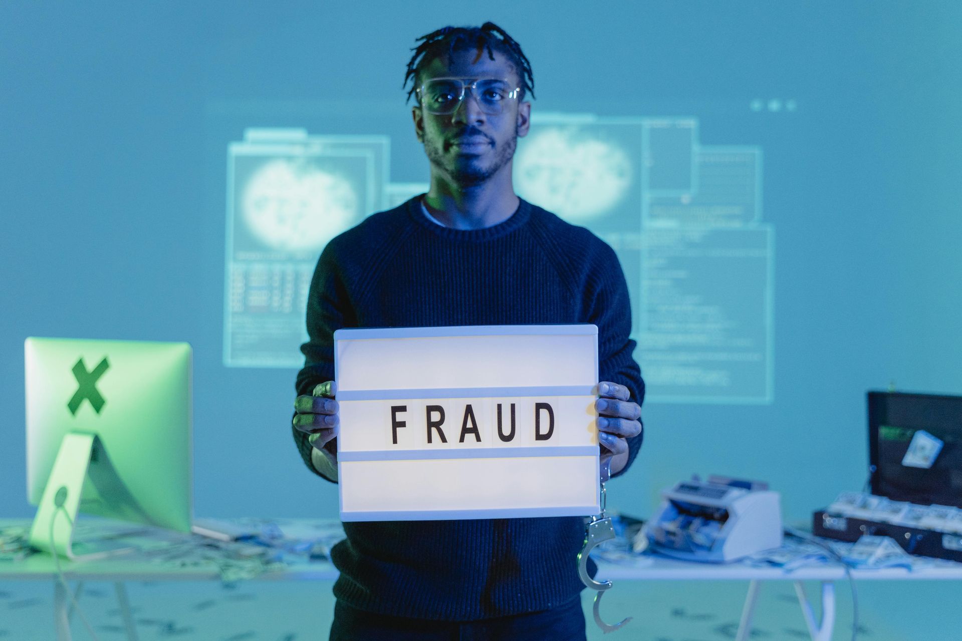 Um homem está segurando uma placa que diz fraude.