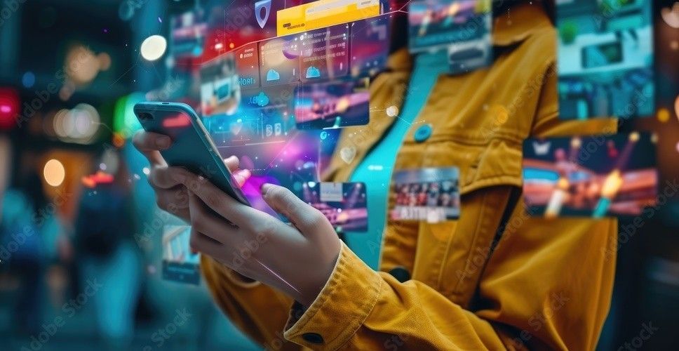 Person in yellow jacket using phone, images of media content hovering around phone. City background, colorful lights.