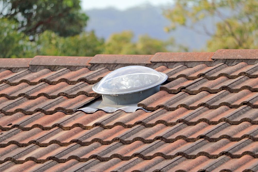 Dome Skylight on a Terracotta Tile Roof, Trees in the Background — Darren Smith Roofing In Merewether, NSW
