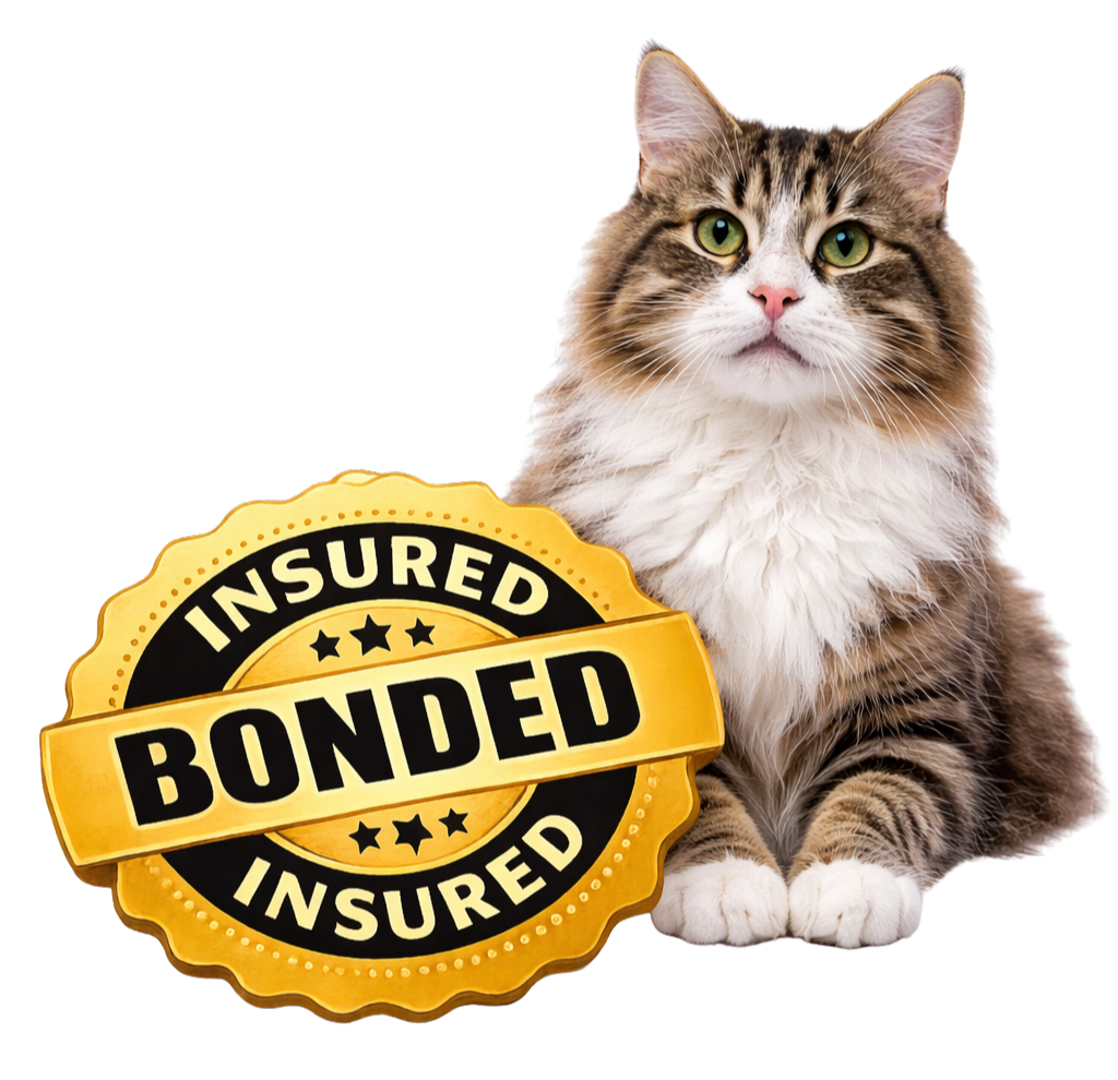 cat posing with an insured and bonded badge for VIPet Sitter Service