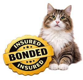 cat posing with an insured and bonded badge for VIPet Sitter Service