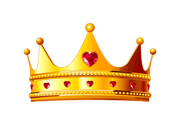 Golden crown with red heart-shaped and round gems.