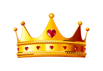 Golden crown with red heart-shaped and round gems.