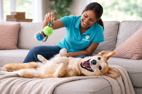 Pet sitting playing with dog on couch