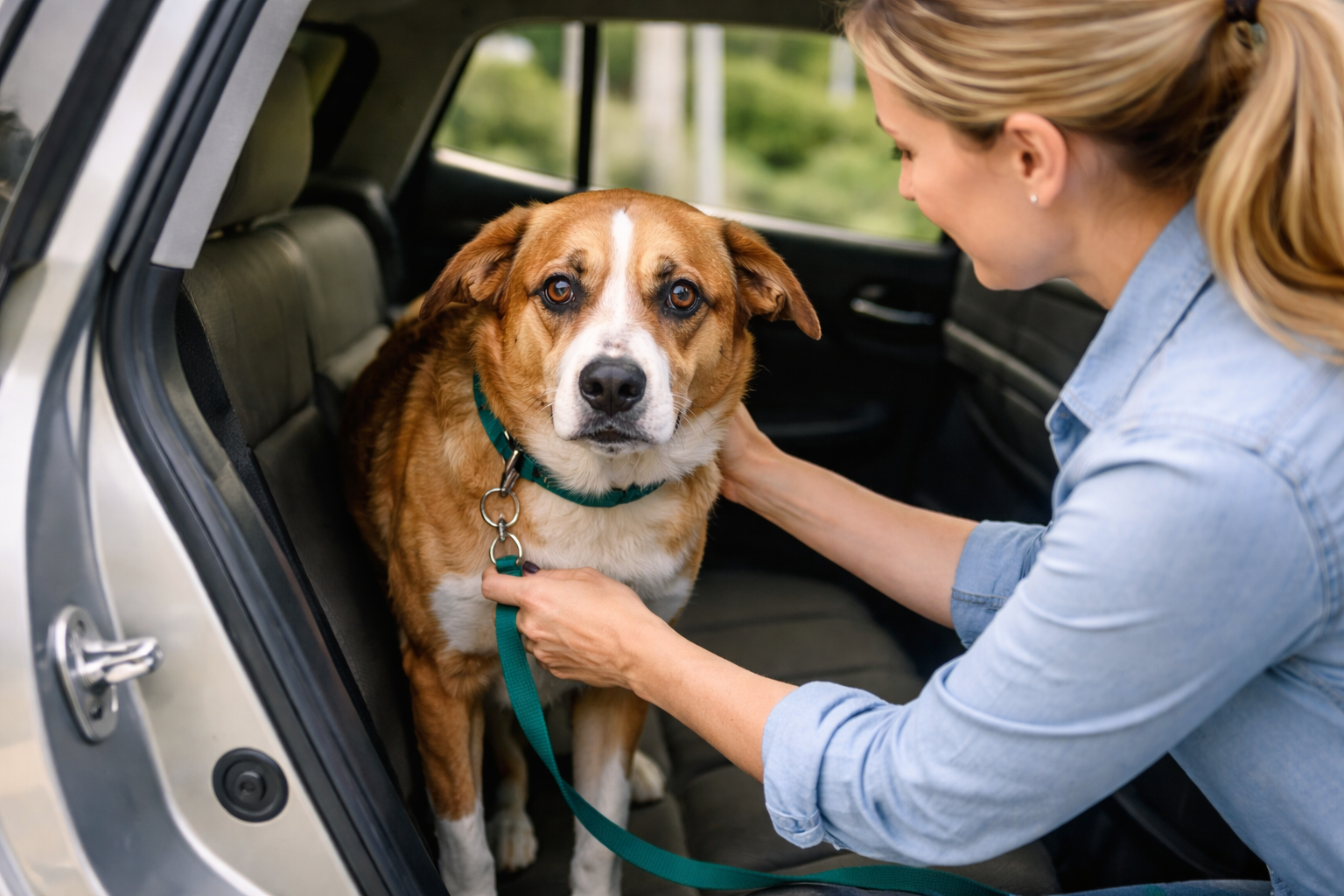 Woman secures dog in car with green leash. Dog looks at the camera.